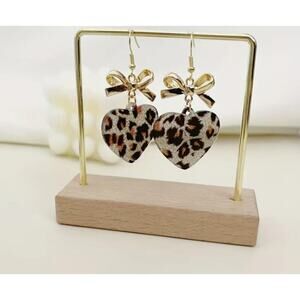 NEW - Leopard Print Heart and bow earrings, Dangle earrings